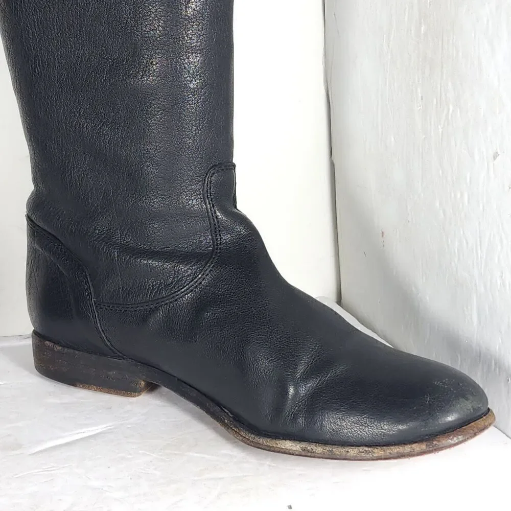FRYE Women's Melissa Back Zip US 7,5B Black Leather Button Tall Riding Boots